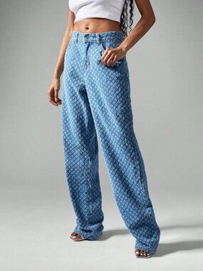 Blue Textured Denim Wide Leg Jeans - Extra Long